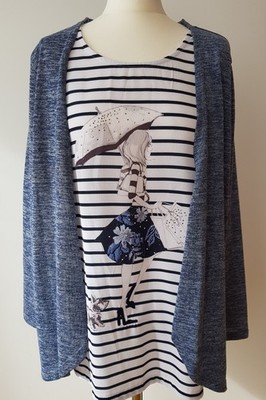 Canda Premium Lagenlook Strickjacke Bluse mit Motiv Gr. XL blau Glitzer mit weiß
