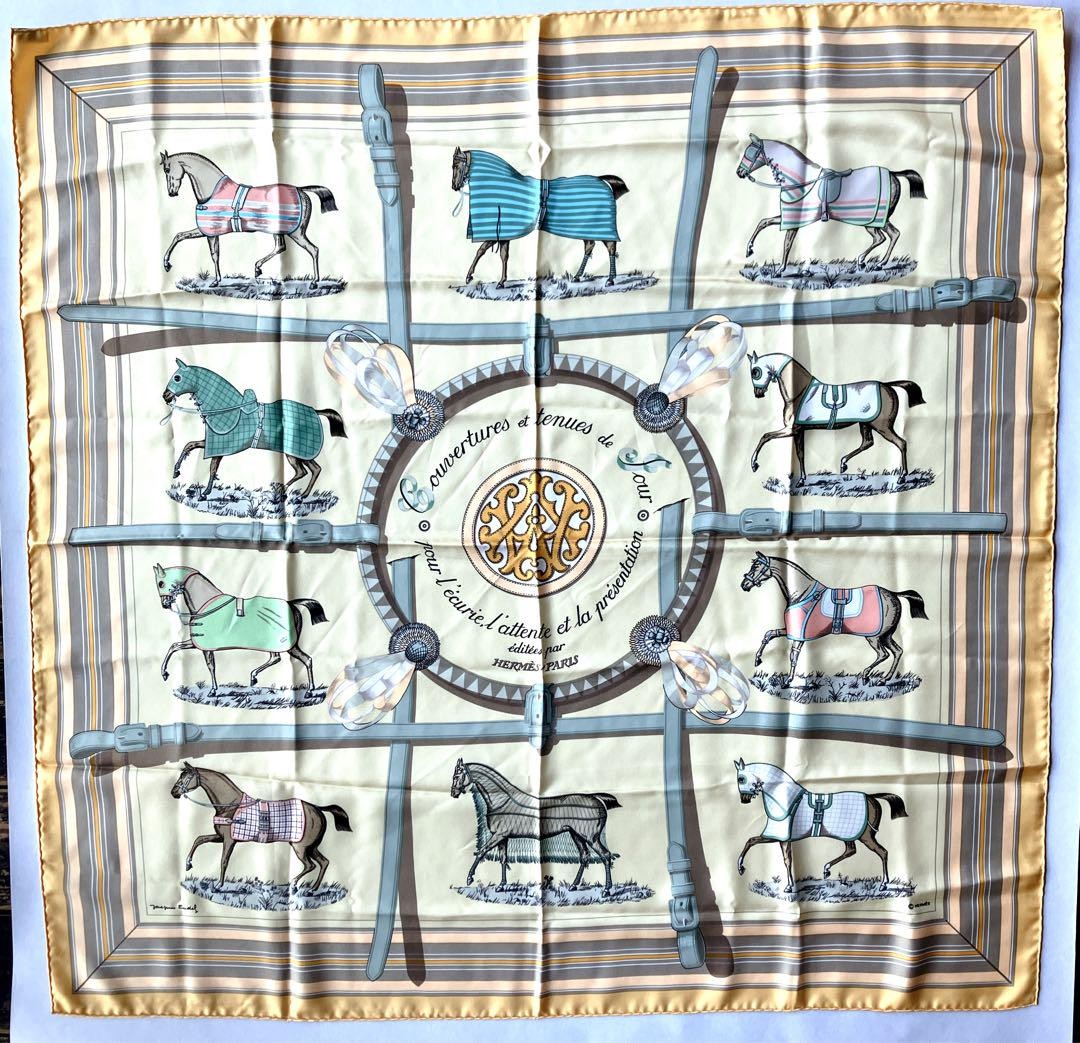 HERMES Carre 90 Silk Scarf in Yellow with Horsewear Design