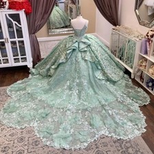 Green Shiny Quinceanera Dress with Crystal Decals and Beaded Sweet Ball Dress