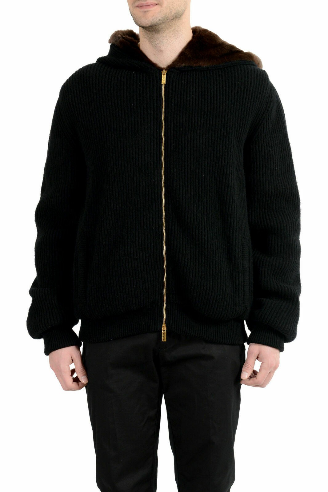 Мужская шерстяная кашемировая вязаная куртка с капюшоном из кроличьего меха Versace на молнии US L IT 52 600490₽