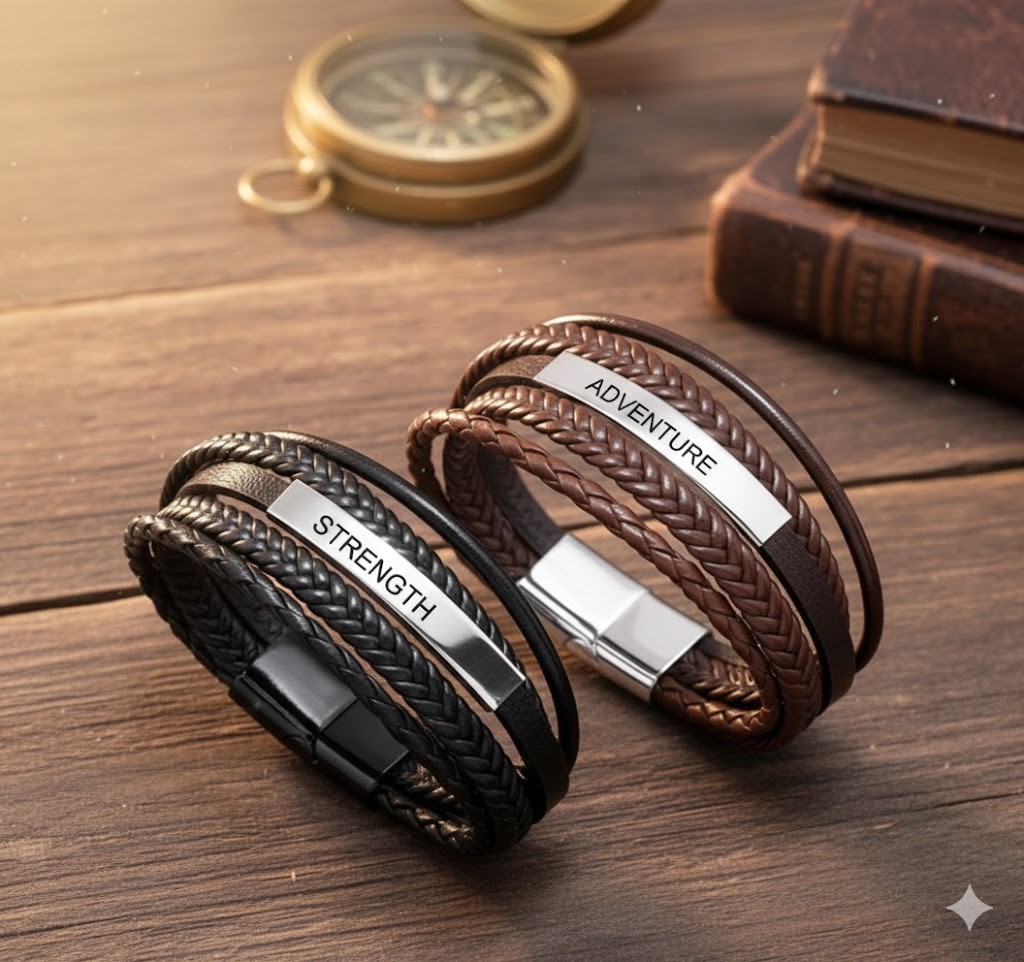 Pulseras de cuerda trenzada multicapa y acero inoxidable de moda para hombre