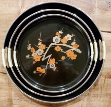 Nested Black Lacquer Ware Serving Tray 3 Piece Set Japanese Vintage