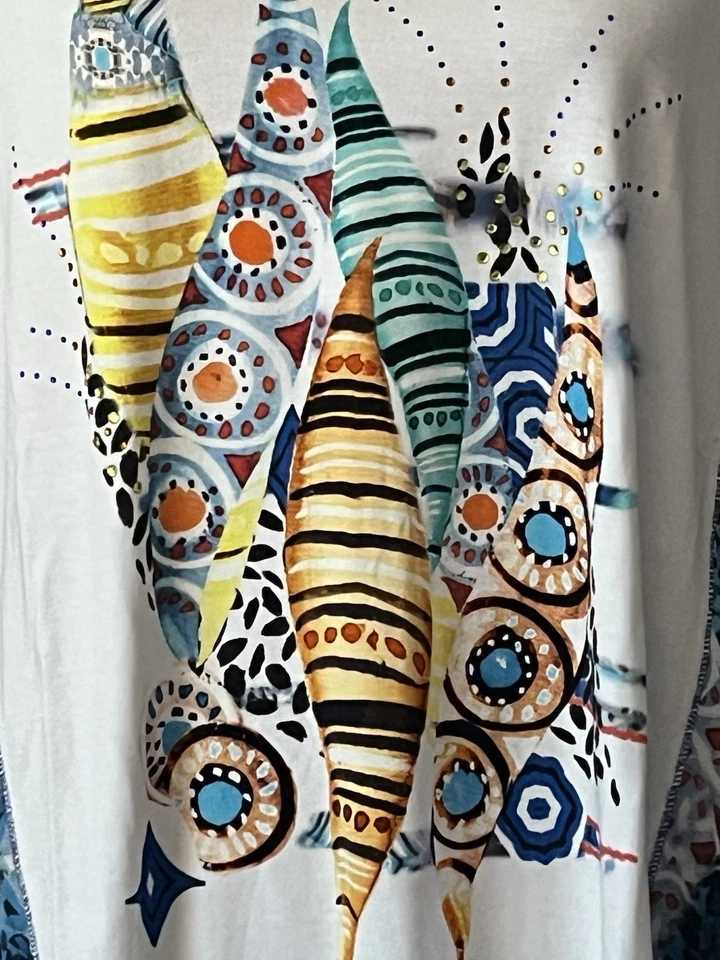 SUPERBE TOP PAUSE CAFE T52 BLANC MOTIFS MULTICOLORES DOS/COTES IMPRIMES - Photo 2/4