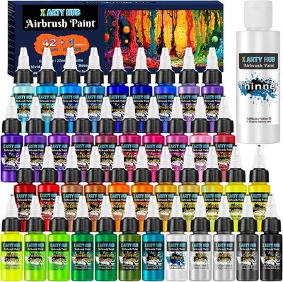 Airbrush Paint - 42 Colors with 4.05 Fl Oz Thinner, Iridescent, Neon and Meta...