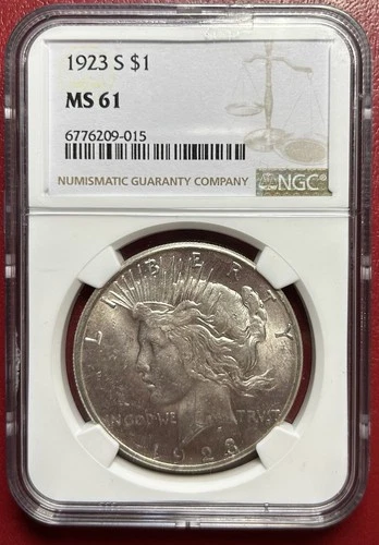 1923-S Peace Dollar. NGC MS-61. Free Shipping