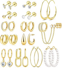 14 Pairs Small Stud Hoop Earrings Set for Women Gold Plated Hypoallergenic Multi
