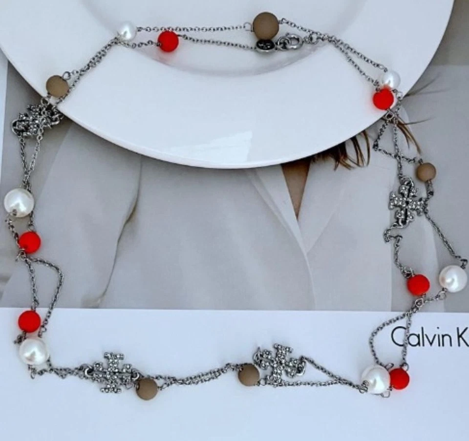 New! Tory Kira Silver And Pearl And Red Bizu Long Necklace with Pouch 98Cm - Image 2 of 3