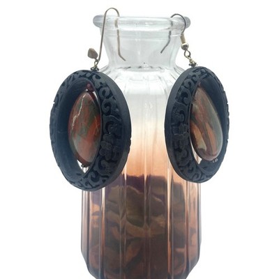 Statement Earrings Black Carved Oval Dangle Red Stone Boho Chic Jewelry