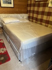 Beige Upholstered Single Bed Frame w/ Mattress, Box-Spring, Firm Ortho Coil