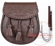Scottish Celtic Embossed Sporran Brown Leather Kilt Sporran with chain  Strap