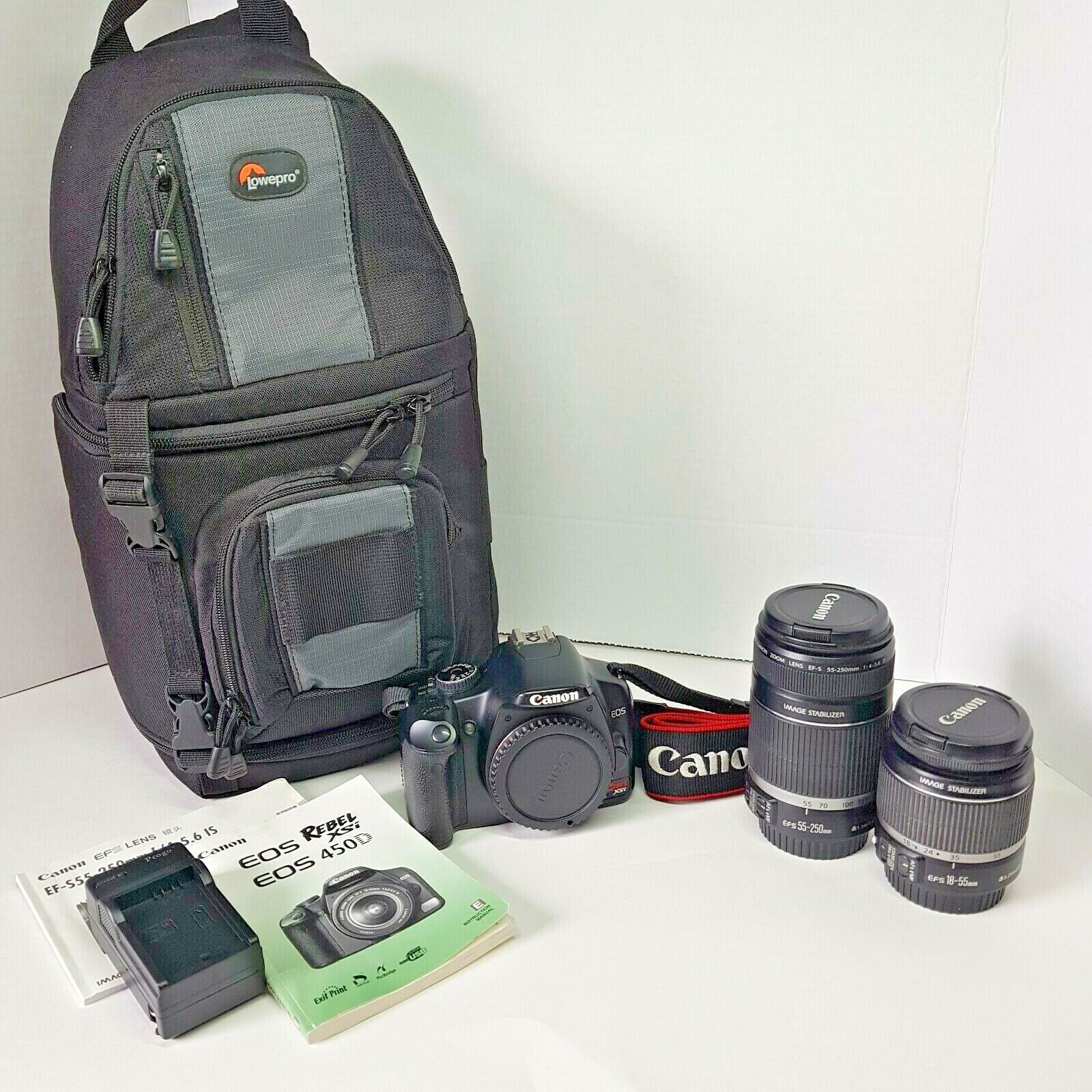 Canon Rebel XSi / 450D DSLR with EFS 18-55mm IS & 55-250mm IS Lenses, Bag & More
