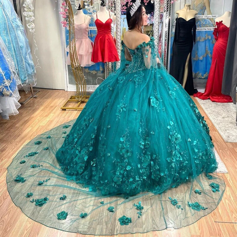 3D Flowers Quinceanera Dresses With Cloak Lace Sweet 15 16 Party