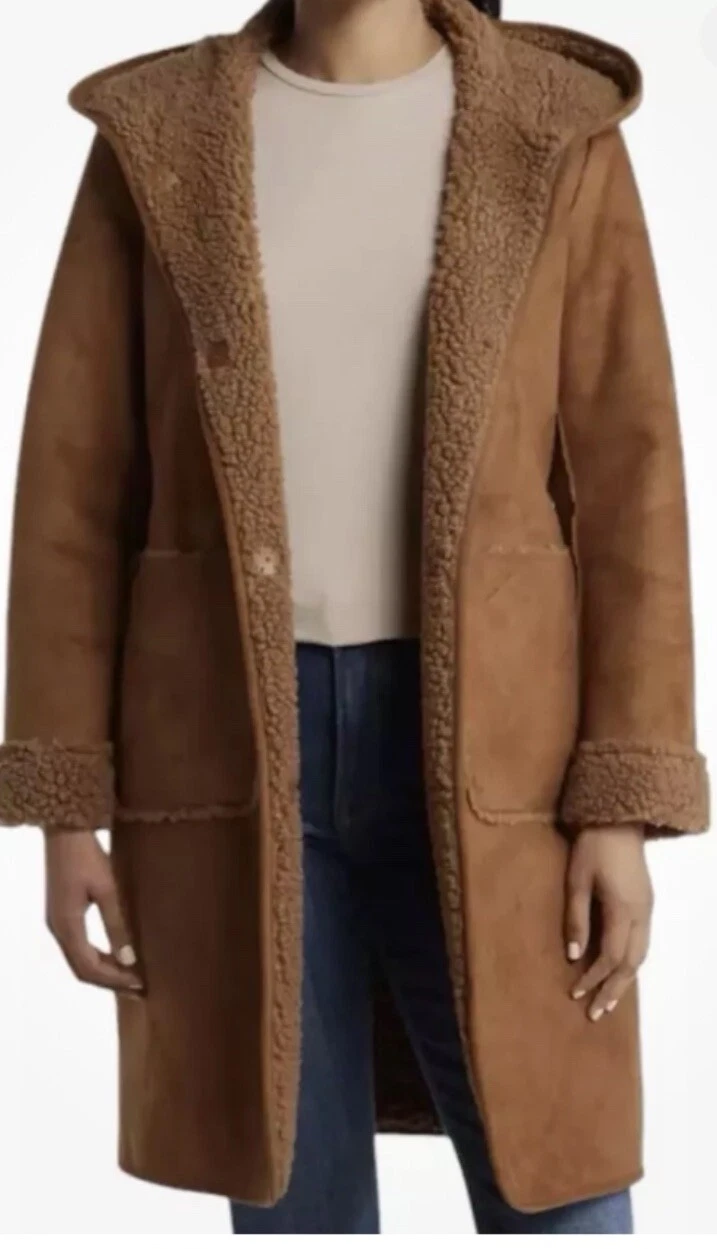 NUOVO $400 1X Michael Kors giacca lunga Teddy Shearling ecopelle scamosciata marrone cappuccino
