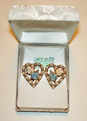 NEW VTG SHELL KEPPLER FAUX PEARL ROSE HEART CLIP-ON EARRINGS WITH SOFT  BACKING