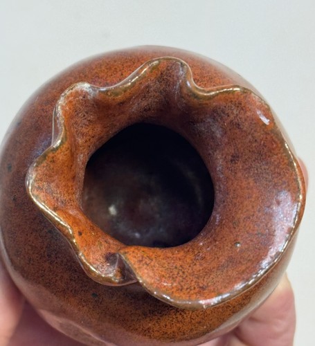 Handmade Pottery Bud Vase Rustic Reddish-Brown Glaze Pinched Top 3” - Picture 9 of 11