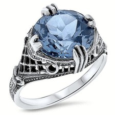 DECO ANTIQUE STYLE 925 STERLING SILVER 4 CT SIM AQUAMARINE FILIGREE RING 526Z