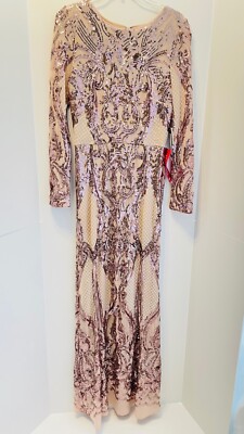 Beautiful Betsy & Adam embellished Rose Gold style long sleeve gown.