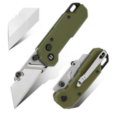 Hightron Knives Vector Button Lock Utility Knife Green G10 Handle SK2 Plain Edge
