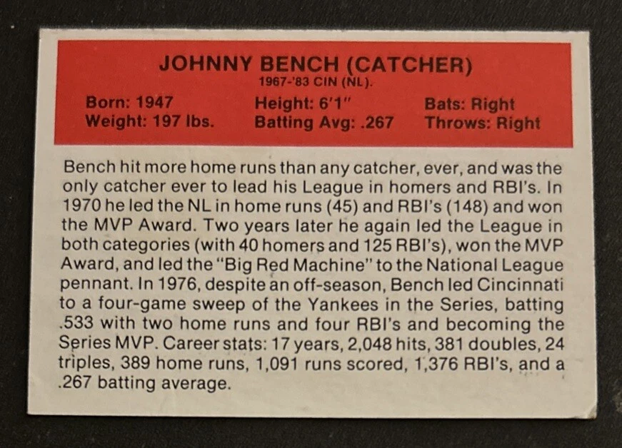 1987 Hygrade Baseball’s All-Time Greats Johnny Bench Card #NNO Reds FR/GD - Image 2 of 2