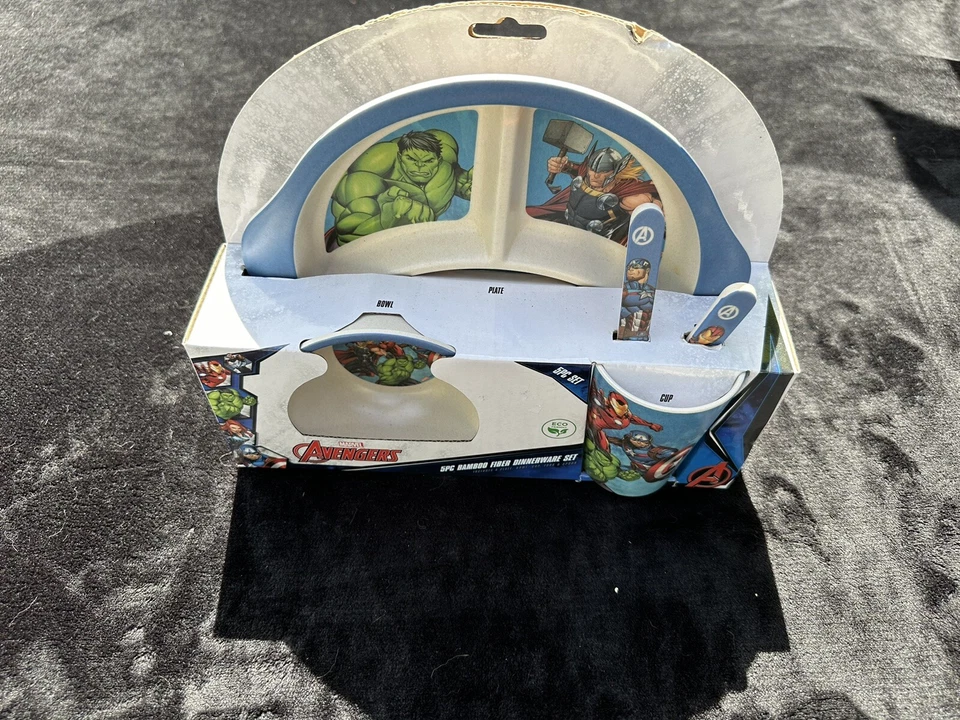 Juego de vajilla de bambú Marvel Avengers de 5 piezas para niños pequeños y ecológicos sin BPA azul Foto 2 de 4