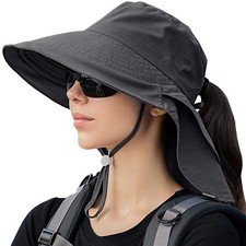 Womens Sun Hat UPF 50 Wide Brim and Ponytail Hole, Hiking One Size Dark Grey