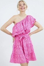 Asymmetrical One-Shoulder Pink Ruffle Tie-Waist Dress