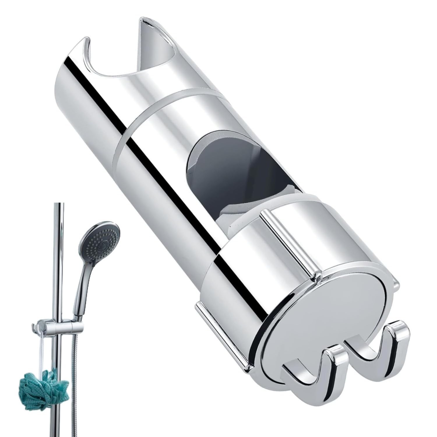 WUBAYI Shower Head Holder with 2 Hooks, Universal 20.5-23.5mm, Silver