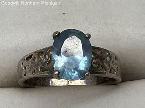Vintage Sterling Silver 925 Aquamarine Filigree Solitaire Ring Size 6.75
