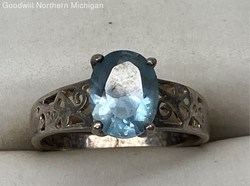 Vintage Sterling Silver 925 Aquamarine Filigree Solitaire Ring Size 6.75