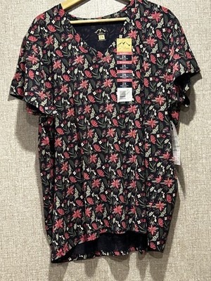 Blue Mountain Top 2X Black Print Nwt Short Slv V Neck Stretch Cotton Spandex