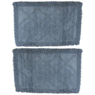 Gold Coast Shaggy Cotton Lattice Blue Bath Rug 28'' x 18'' Set of 2