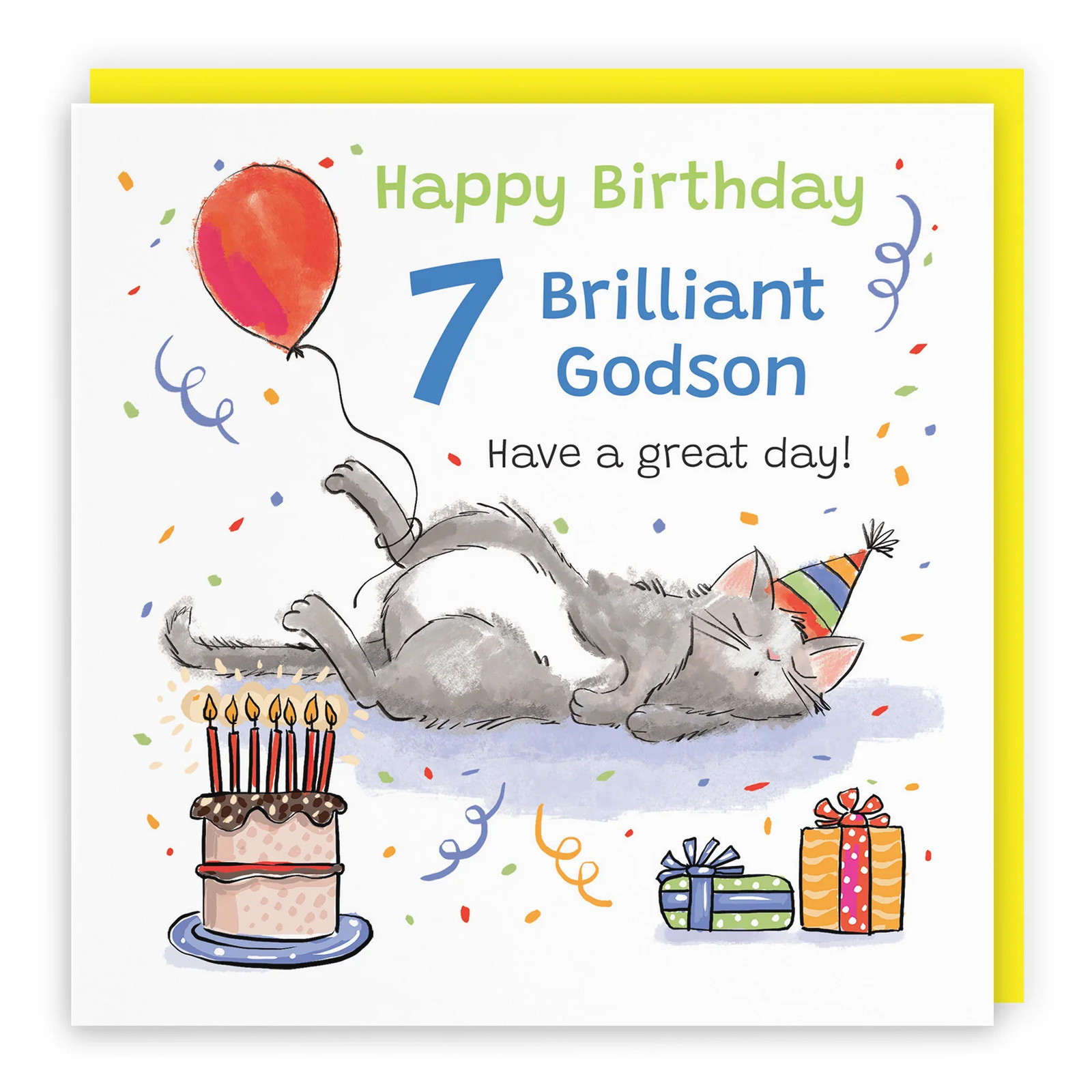 7th Godson Birthday Card Sleepy Cat Animal Party