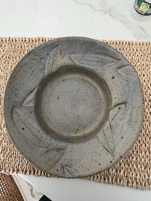 Rick Urban Handmade Stoneware Bowl . Gray Leaf Pattern Matte Art Pottery Round