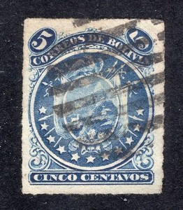 Bolivia 1887 5c blue Arms, Scott 26 used, value = $8.00