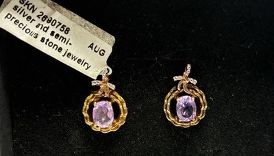 Silver Amethyst Stone Stud Pierced Earrings Original Tag One Stone Cracked