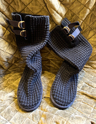 UGG Women s Black Knit Wool Blend Knee-High Boots Buckle Round Toe US 7