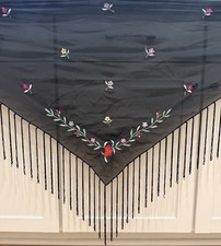 Antique Sheer Black Silk Embroidered Piano Shawl Long Fringe Flowers 67x26"