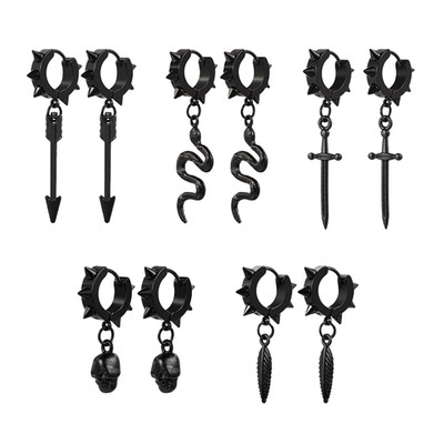18G Men's Gothic Punk Huggie Dagger Pendant Spike Hoop Stainless Steel Earrings