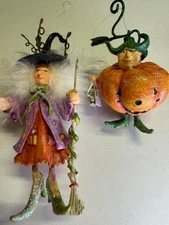 Halloween ornaments small pair of witch and pumpkin Krinkles P Brewster