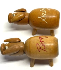 Vintage Peppy & Salty Wooden Pigs 2" Salt & Pepper Shakers Japan