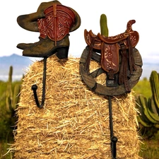 Lot of 2 Rustic Western Boot Saddle Wall Hooks Resin Metal Key Coat Hat Hanger