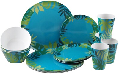 16pc Dinner Set Melamine Crockery Leaves Design Motorhome Caravan Plate  Bowl Mug UK