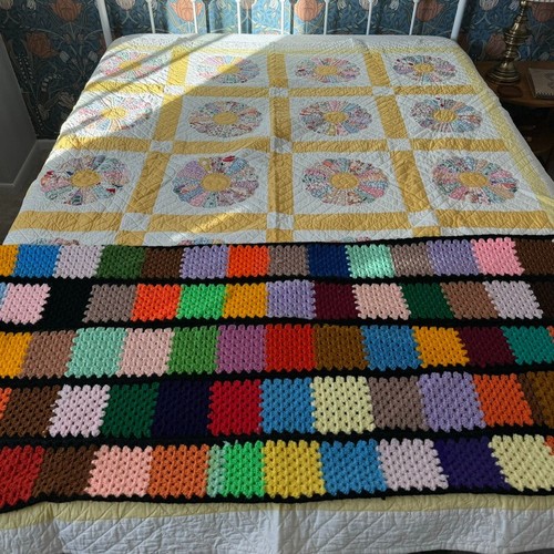Vintage Handmade Crochet Rainbow Retro Wool Patchwork Afghan Throw Blanket - Picture 6 of 6