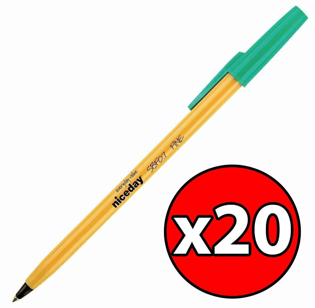 Ballpoint Pen Biro Green Fine 0.4mm Handwriting School Teacher 1792403 Pack 20