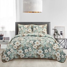 Stratford Park All Season Green White Floral Quilt Set King Size, Bedspread with