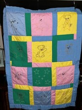 Vtg Hand Embroidered Quilted Baby Crib Blanket Comforter Color Block Bear Stars
