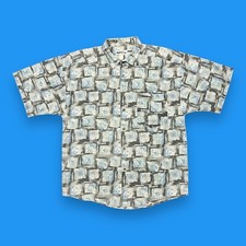 Vtg Hawaiian Shirt Button Up Abstract Print 80s 90s Cotton Blue Large