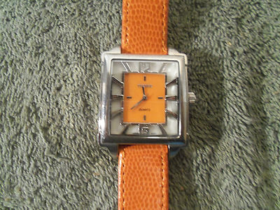 BIJOUX TERNER WOMENS ORANGE FAUX LEATHER BAND SILVER DIAL WATCH #K-10992 