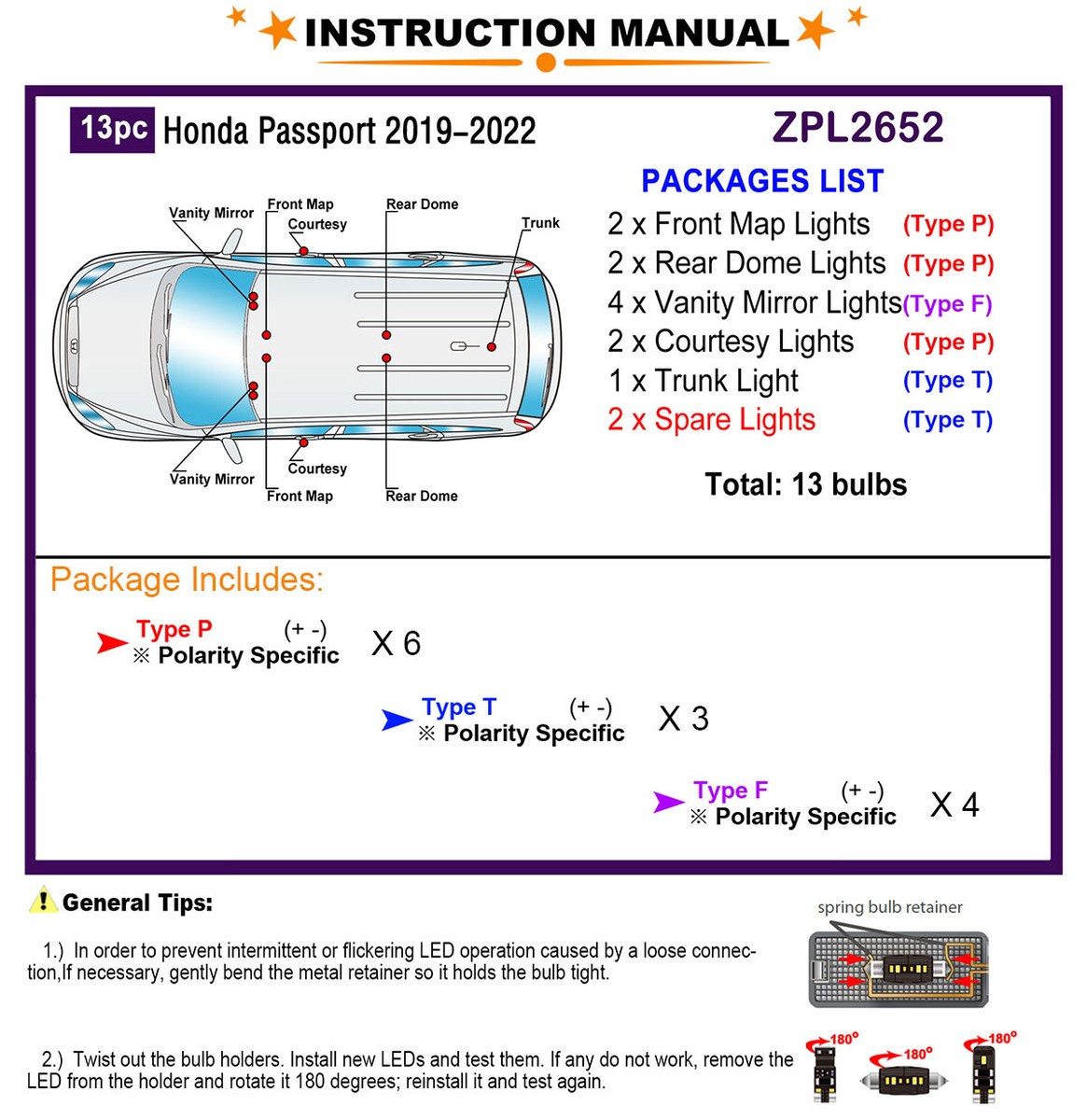 LED Interior Light Kit for Honda Passport 2019-2022 White LED