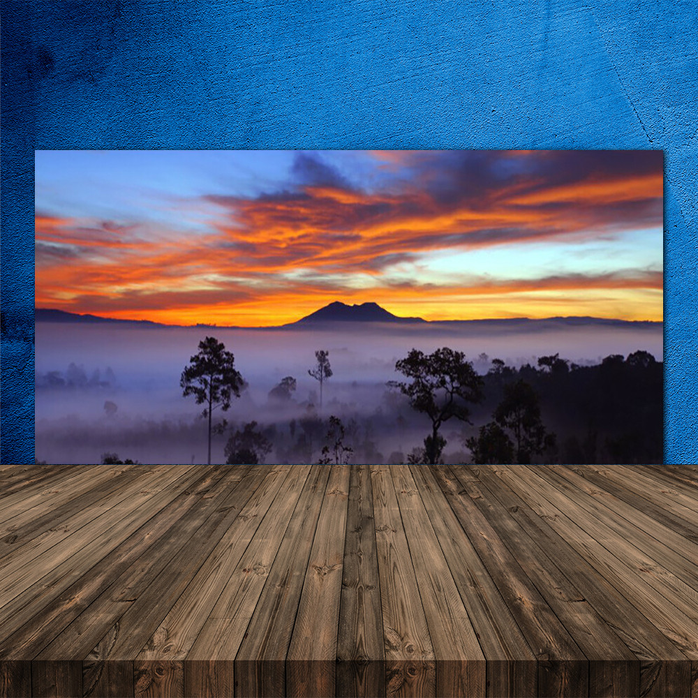 Crédence de cuisine en verre 120x60 cm motif arbres et brouillard